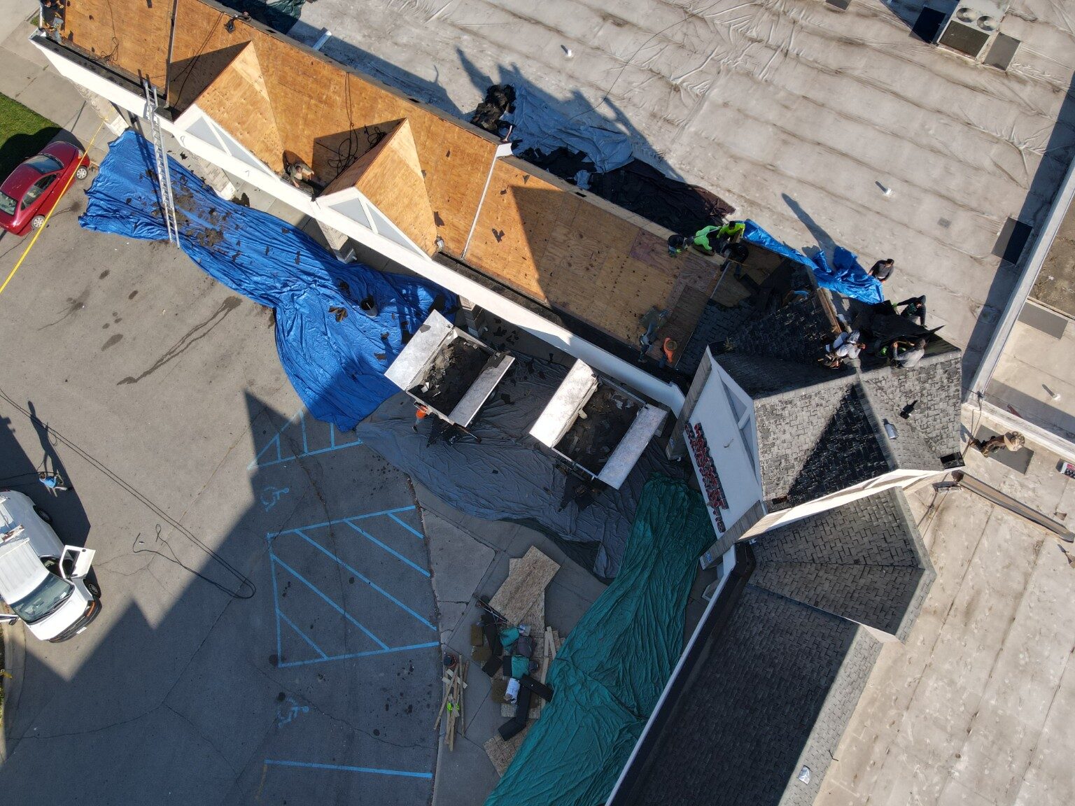 Overhead view of commercial roof framing and installation work