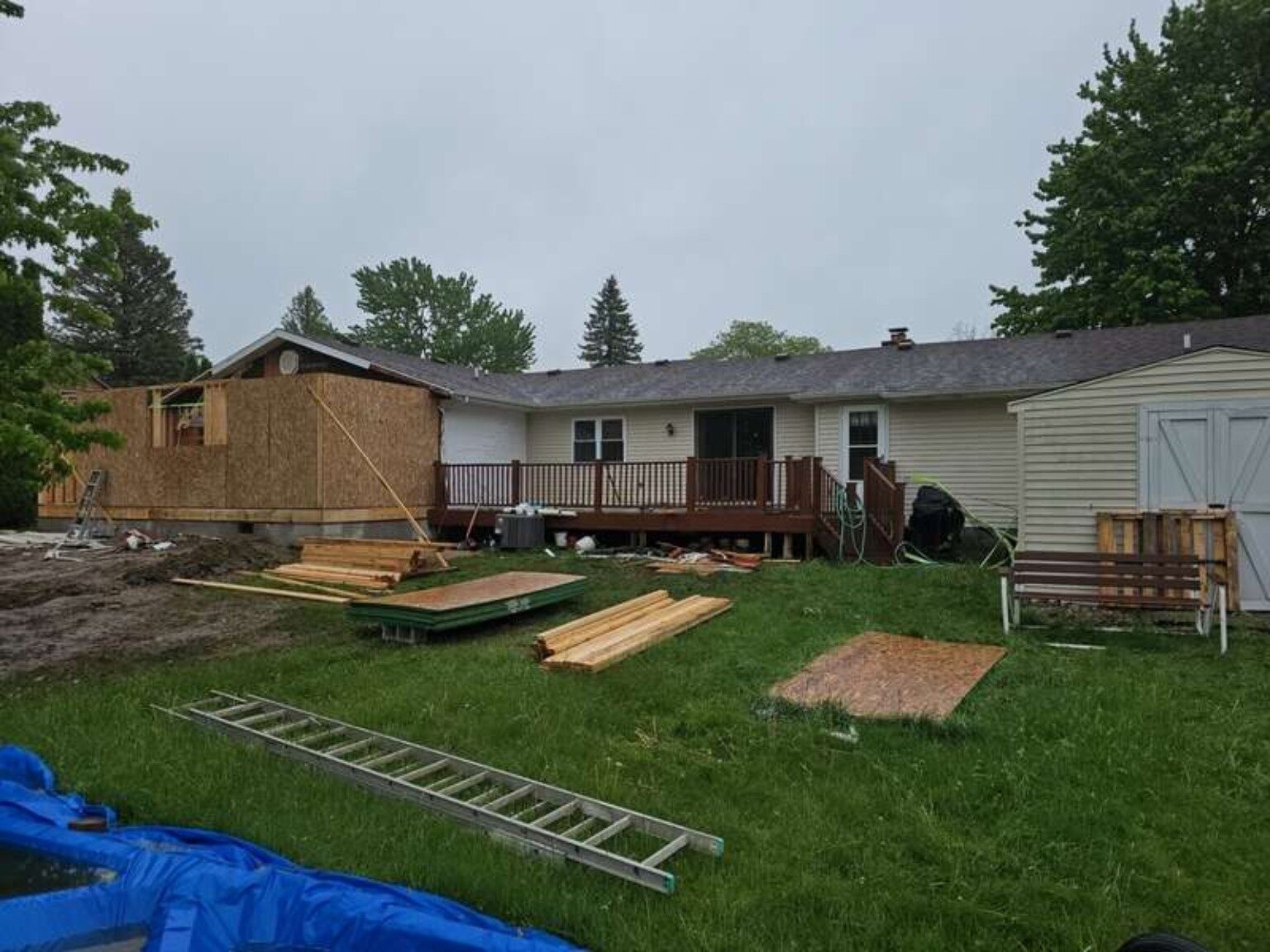 Rear view of the home addition framing in progress