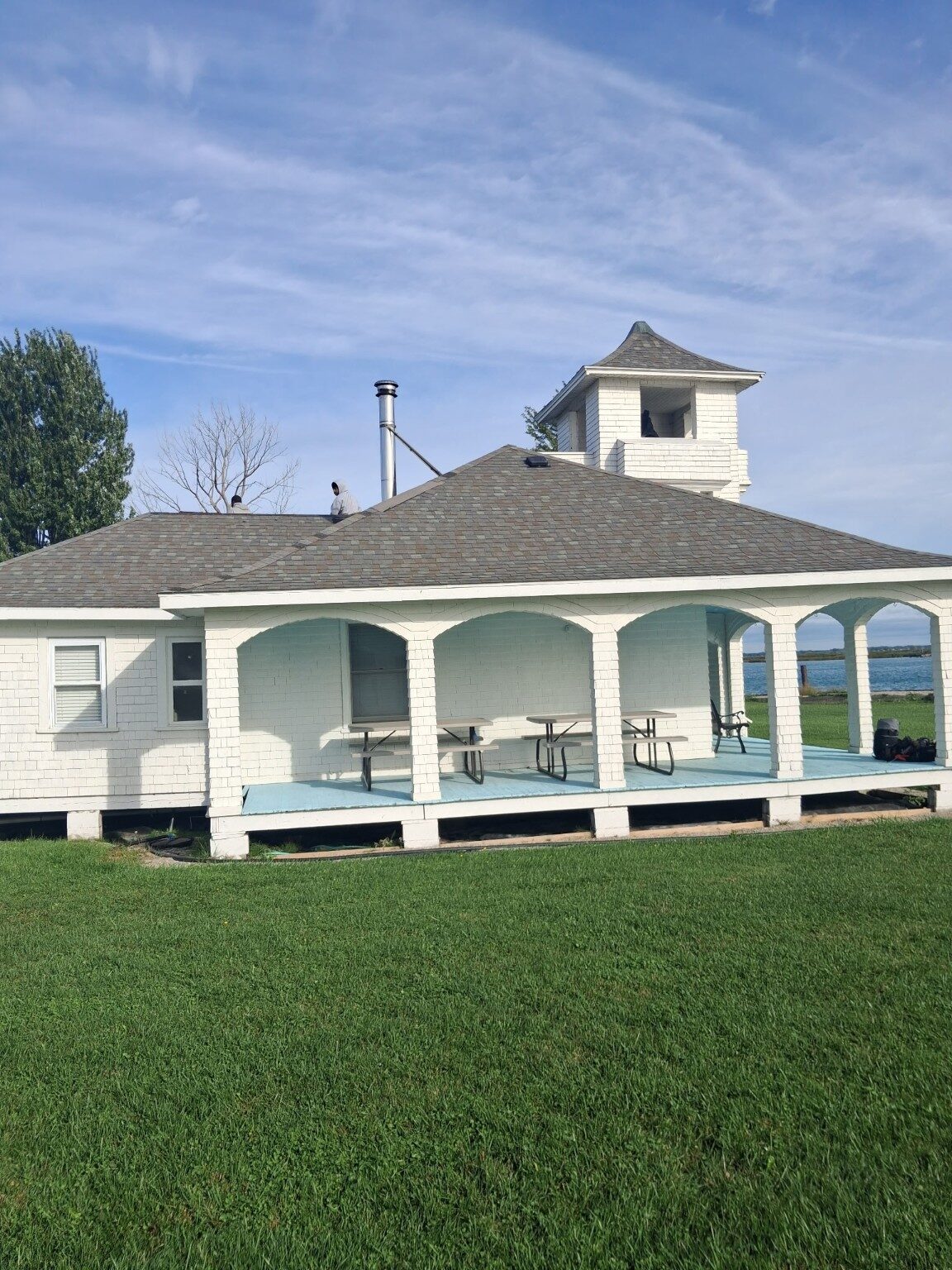 Completed pavilion roof viewed from the lawn