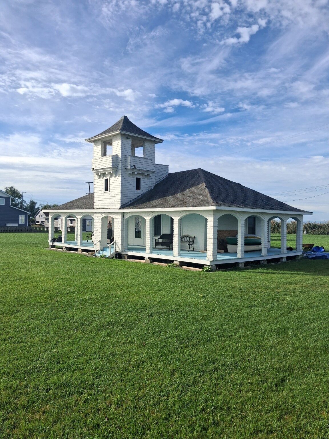 Wide view of the completed lakeside pavilion roof